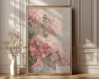Impression d'hortensia rose, peinture d'hortensia, impression d'art d'hortensia, œuvre d'art d'hortensia, décoration de chambre coquette, décor d'hortensia floral doux