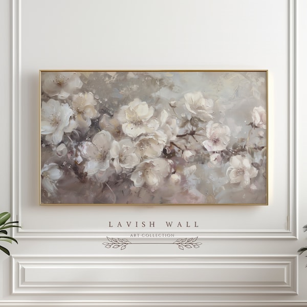 Hawthorn Floral Oil Painting Frame TV Art Spring, Moody Floral Wall Art, White Hawthorn Muted Floral Art Wall Decor, Impasto Painting