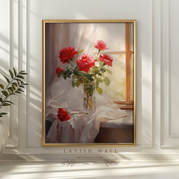 Rose Oil Painting Printable Wall Art, Red Roses Floral Oil Painting, Moody Floral Art, Romantic Red Roses in Vase, Bouquet Painting Print