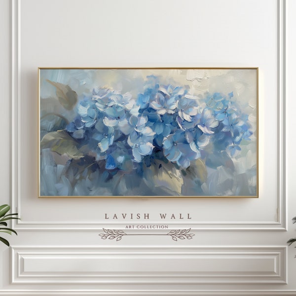 Blue Hydrangea Wall Art Frame TV Art Spring, Floral TV Art, Spring Blossom, Moody Oil Painting, Blue Spring Artwork, Hydrangea Painting