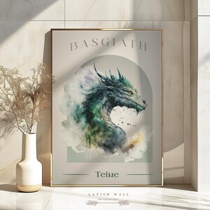 May include: A watercolor print of a green and blue dragon with the text "Basgiath Teiwe" and "Lavish Wall Art Collection" at the bottom.