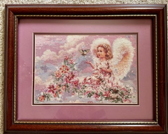 Handmade finished cross stitch with frame. Angels and flowers.