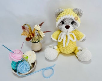 Bear in Pajamas with night cap and bunny booties. Stuffed Plush Toy. Amigurumi