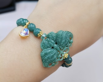 Natural Jadeite Designed Butterfly Stretchy Bracelet | 14K Gold Plated | Jade Bead 6MM | Handmade Adjustable | Birthday Gift For Her