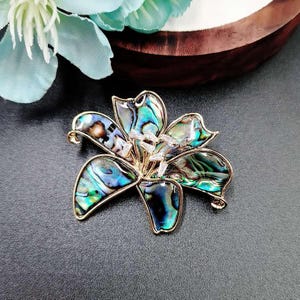 May include: A gold-coloured metal flower brooch featuring iridescent abalone shell petals in shades of blue, green, and brown. The brooch has a clear crystal centre and is set against a dark background.