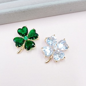 4-Leaf Clover Shamrock Luxury Brooch | Lepel Pin | 18K Gold Plated | Unisex | Green/Clear | High End Formal Brooch | St. Patrick&#39;s Day Gift