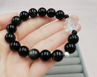 Natural Silver Sheen Obsidian Designed Beaded Stretchy Bracelet | Clear Quartz Pi Xiu | 10MM | Handmade | Unisex | Black Stone Bracelet