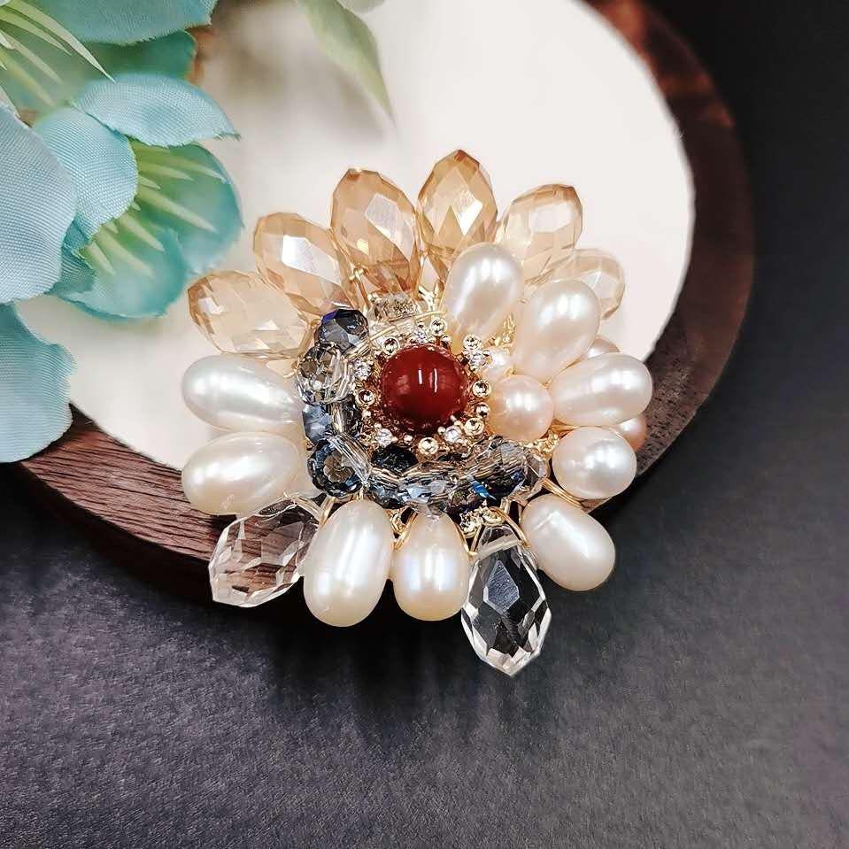 Broche Ancienne Barrette En Agate Montée En Fleur Avec Perles Fines - Longueur 7 Cm, Très Bon état