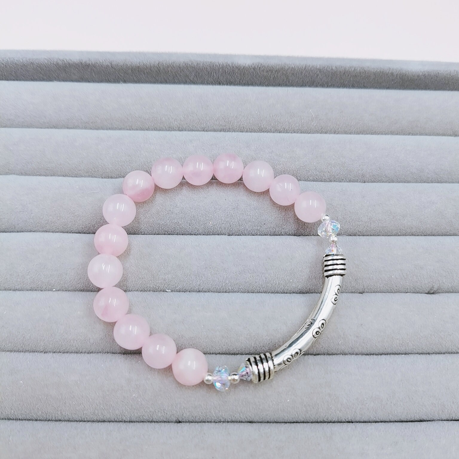Natural Madagascar Rose Quartz Designed Stretchy Bracelet | 925 Sterling Silver Half Bangle | Pink Quartz | 8mm | Handmade | Love Bracelet