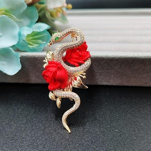 Dainty Red Rose And Snake Luxury Brooch | Large Lapel Pin | High End Flower Pin | Scarf Buckle | Unisex | Gift For Her | Valentine&#39;s Day