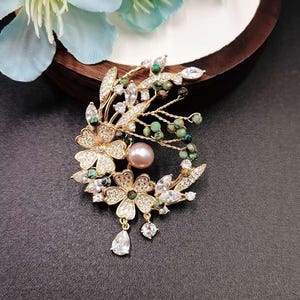 Natural Stone Freshwater Pearl CZ Handmade Flower Brooch | 18K Gold Plated | Genuine Freshwater Pearl | Formal Pin | Anniversary