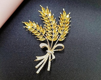 18K Gold Plated Golden Ear Of Wheat Luxury Brooch | Large Floral Lapel Pin | Dainty High End Formal | Scarf Buckle | Elegant Gift For Her