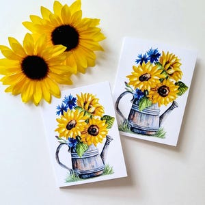 Cartões de notas com pintura em aquarela de girassóis e centáureas, cartões de felicitações florais, aquarela de verão, cartões de notas com flores em aquarela de outono