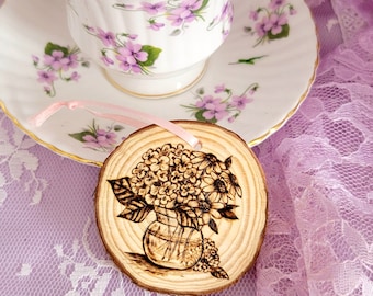 Woodburned Floral Ornament: Pyrography Pine Wood Slice