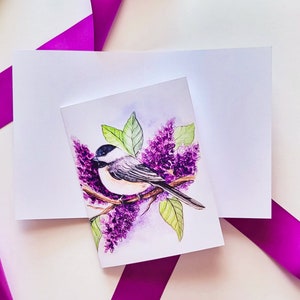 Tarjetas de notas con acuarela de carbonero, tarjetas de felicitación de color lila, tarjetas de notas con acuarela de pájaro cantor, tarjetas de notas con acuarela y tinta de pájaros y flores