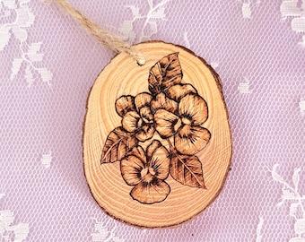 Woodburned Violets, Pyrography Ornament, Floral Wood Slab Ornament, Pyrography Flowers