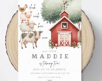 Baa Oink Moo I'M Two Invitation | Farm Birthday Party Invitation | Digital Download | Barnyard Fun Farm Second Birthday Invitation, CLP030