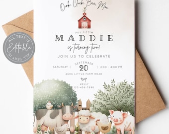 Baa Oink Moo I'M Two Invitation | Farm Birthday Party Invitation | Digital Download | Barnyard Fun Farm Second Birthday Invitation, CLP030