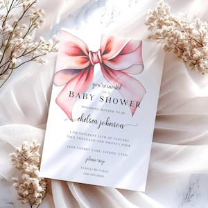 Blush Pink Bow Baby Shower Invitation, Baby Girl Shower, Editable Printable Elegant Pink Party Invitation Template Instant Download, CLP020