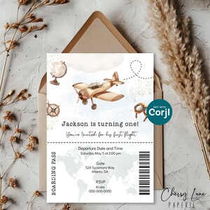 Erster Geburtstag Flugzeug Einladung, Junge Jet Geburtstag, Bordkarte Einladung, Junge Geburtstagsfeier, bearbeitbare Vorlage, CLP-009