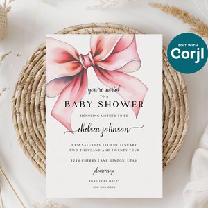 Blush Pink Bow Baby Shower Invitation, Baby Girl Shower, Editable Printable Elegant Pink Party Invitation Template Instant Download, CLP020