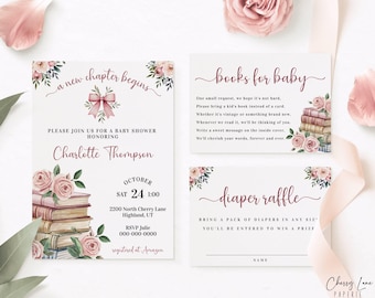 A New Chapter Begins Baby Shower Invitation, Storybook Bundle Baby Shower, Book Invitation, Floral Book Stack Instant Download, CLP040