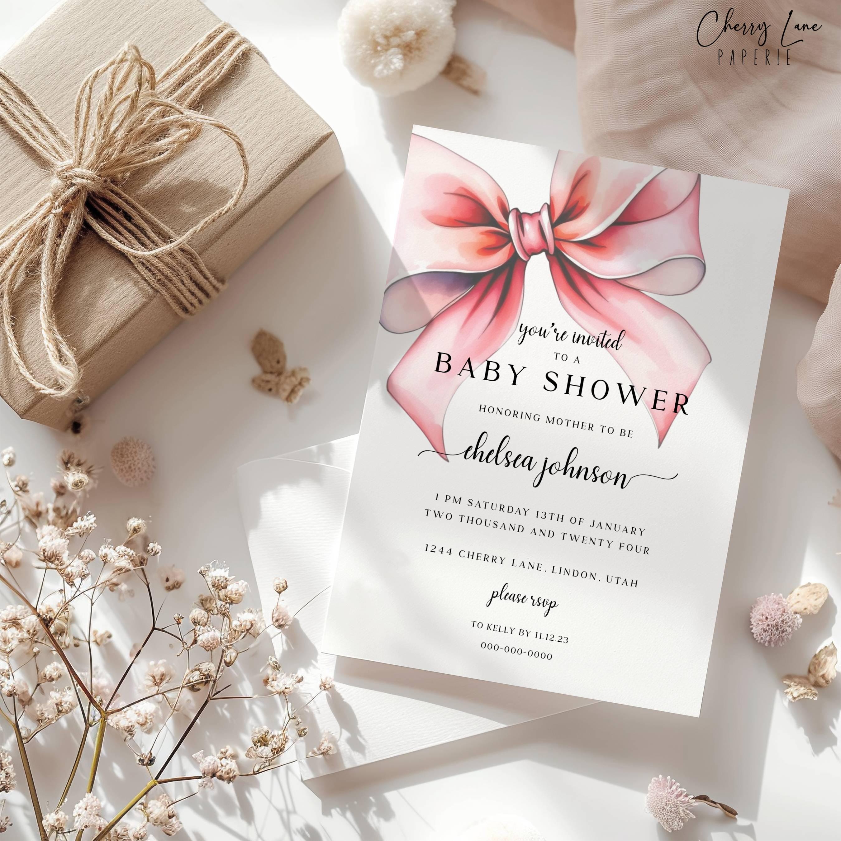 Blush Pink Bow Baby Shower Invitation, Baby Girl Shower, Editable ...