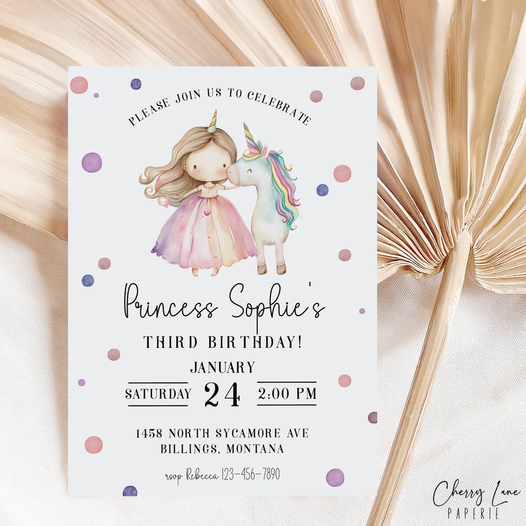 Unicorn Princess Birthday Invitation, Princess Birthday Invitation ...
