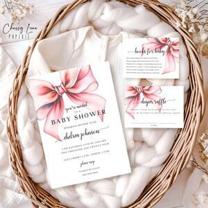 Blush Pink Bow Baby Shower Invitation, Baby Girl Shower, Editable Printable Elegant Pink Party Bundle Template Instant Download, CLP020