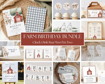 May include: A collection of farm-themed birthday party supplies. Includes invitations, cupcake toppers, water bottle labels, thank you tags, a banner, and a welcome sign. The color scheme is red, white, and beige.