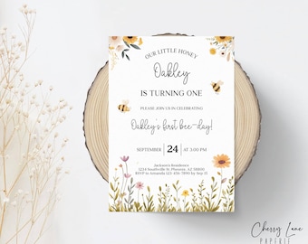 Eerste verjaardagsuitnodiging bij, Our Little Honey, 1e verjaardag bij, schattige bij afdrukbare, sjabloon voor feestuitnodiging direct downloaden, CLP033