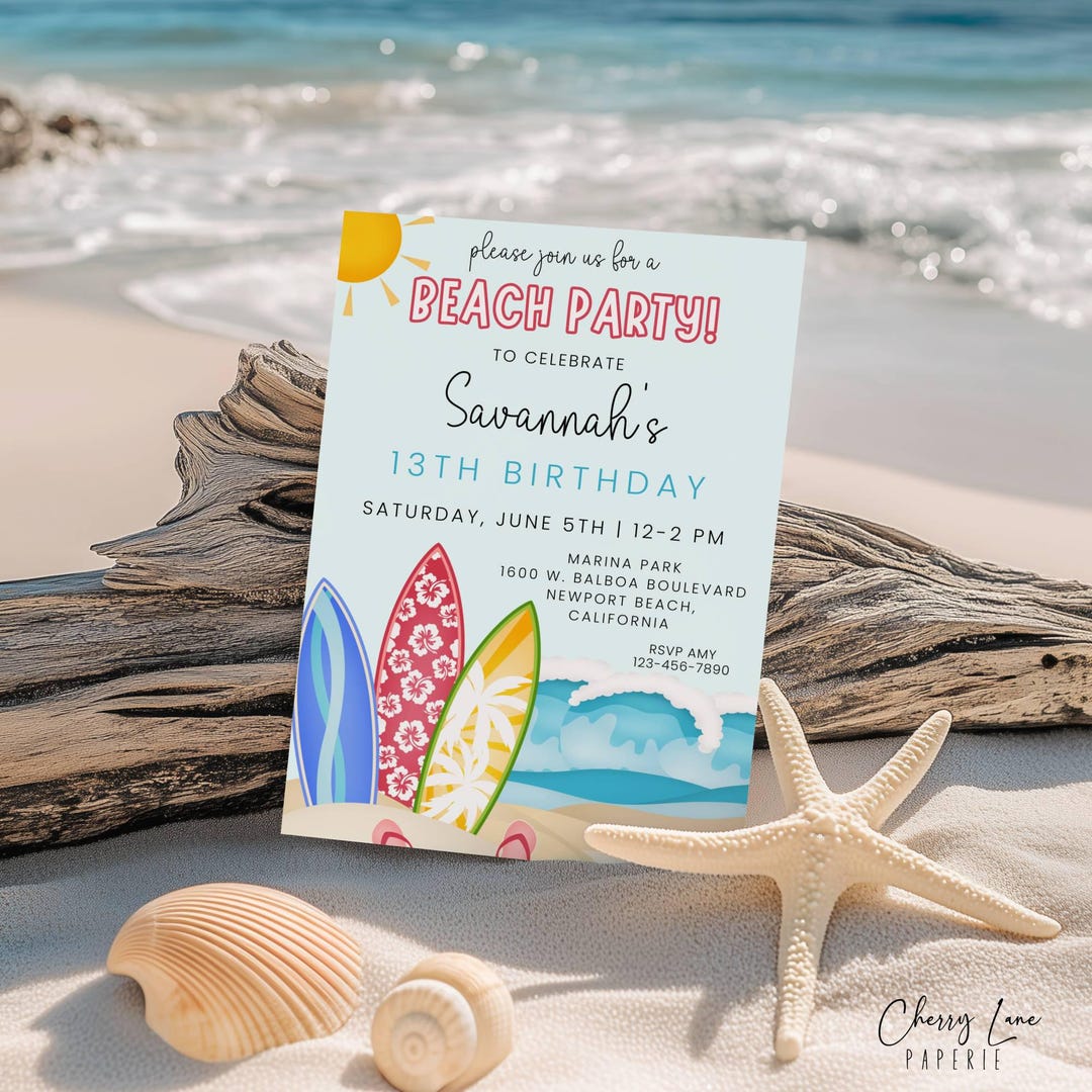 Beach Party Invitation Template, Invite Printable, Surfer Birthday ...