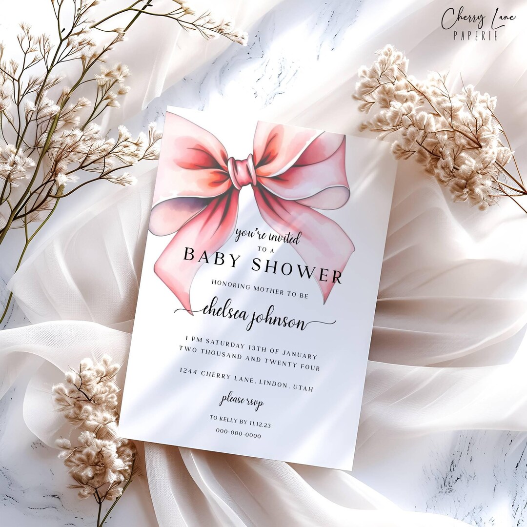 Blush Pink Bow Baby Shower Invitation, Baby Girl Shower, Editable ...