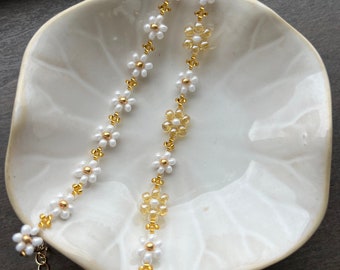 Beaded Flower Bracelet Gold Jewelry Daisy Bracelet Handmade Beaded White Bracelet Handmade Mother's Day Gift Bracelet Set