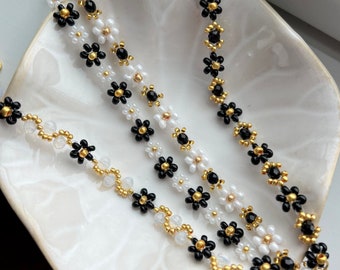 Kralen bloem armband Daisy armband Gouden sieraden Zwarte armband Daisy armband Moederdag cadeau armbandenset