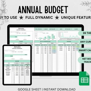 Monthly and Annual Budget Spreadsheet, Google Template, Google Sheets Financial Planner & Bill Tracker