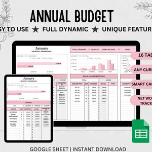 Monthly and Annual Budget Spreadsheet, Google Template, Google Sheets Financial Planner & Bill Tracker
