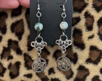 Moss agate and pentagram chainmail earrings