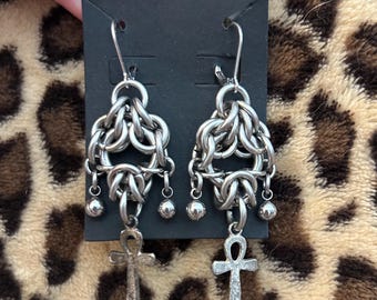 Ankh chainmail earrings, gauge friendly
