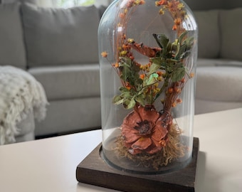 Glass Dome Dried Faux Flower Art With Wood Base, Floral Cloche Display