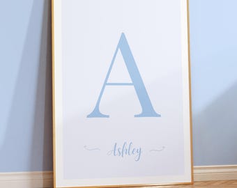 Personalized Blue Initial Name Print – Custom Nursery & Dorm Wall Art (Digital Download)