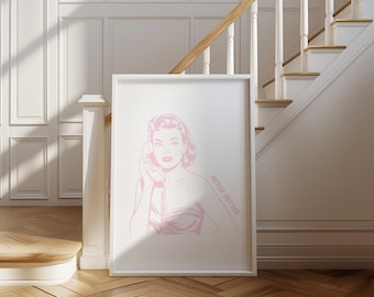 Pink Retro Woman Art Print – Girly Apartment Decor (Digital Download)