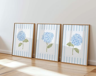 Blue Hydrangea Print Set of 3, Preppy Dorm Decor, Coastal Floral Stripes