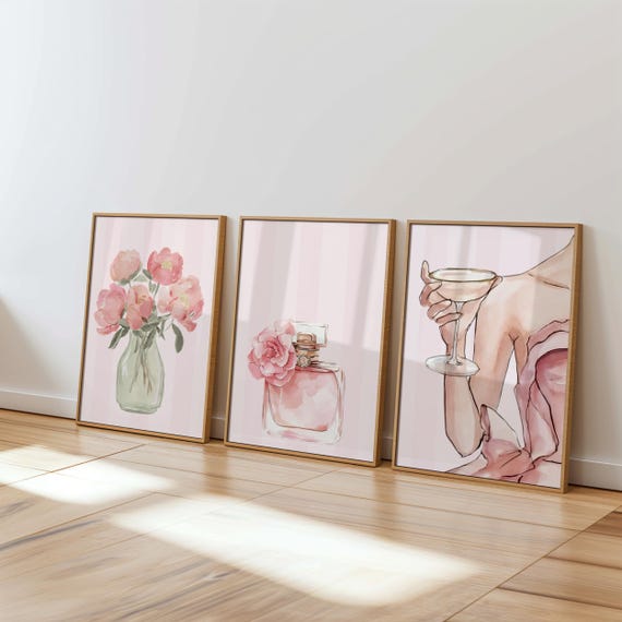 Pink Coquette Wall Art Set, Parisian Glam Dorm Decor, Feminine Fashion Prints