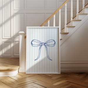 Blue Bow Wall Art Print: Pastel Striped Preppy Decor (Digital Download