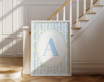 Benutzerdefinierte Initialen Wandkunst - Blaues Blumenmonogramm Druck für Wohnheim, Wohnheim oder Kinderzimmer Dekor