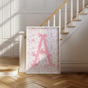 Custom Floral Initial Print - Pink Chinoiserie Monogram Wall Art for Nursery or Dorm, Feminine Letter Poster, Girl Room or Baby Gift