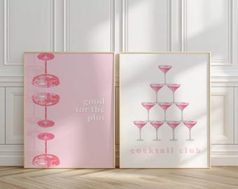 Pink Cocktail Wall Art Set of 2 for Dorm or Bar Cart - Digital Download