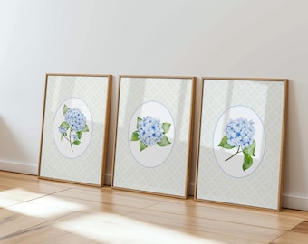 Blue Hydrangea Wall Art Set: Grandmillennial Floral Decor (Digital Download)