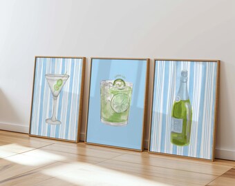 Blue Cocktail Wall Art Set of 3 – Printable Bar Decor